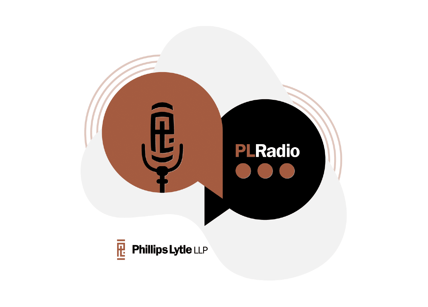 Two conversation bubbles in copper and black color schemes with a microphone incorporating the Phillips Lytle PL mark and the text PL Radio with three dots
