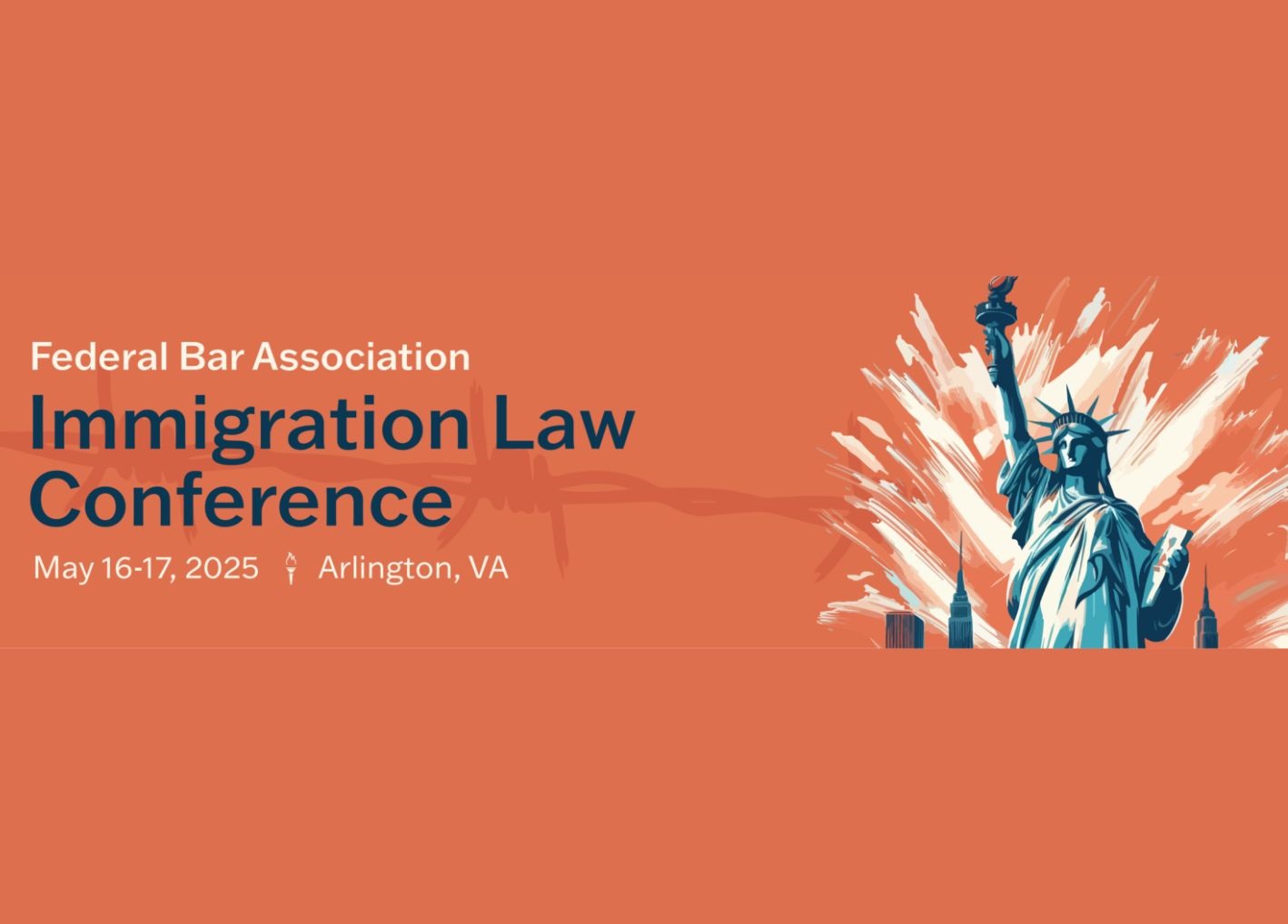 Federal Bar Association Immigration Law Conference, orange background, graphic of Statue of Liberty