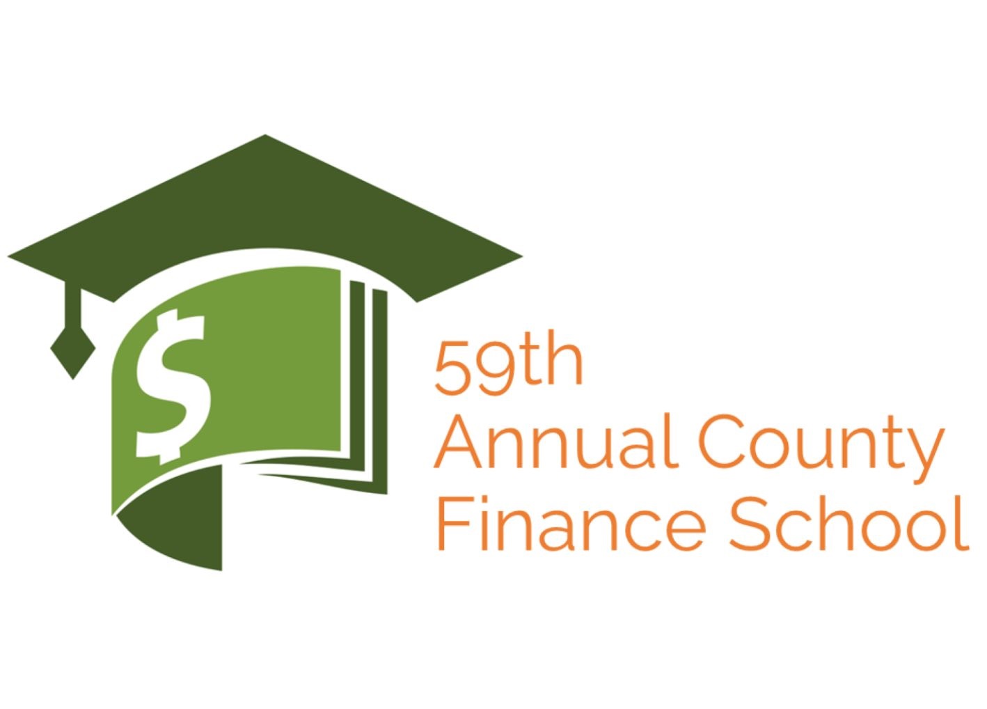Green graduation cap icon with dollar sign, 59th Annual County Finance School