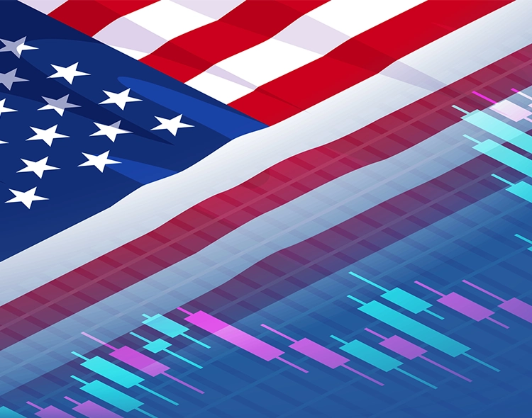 US flag and bar graph showing trade investment.
