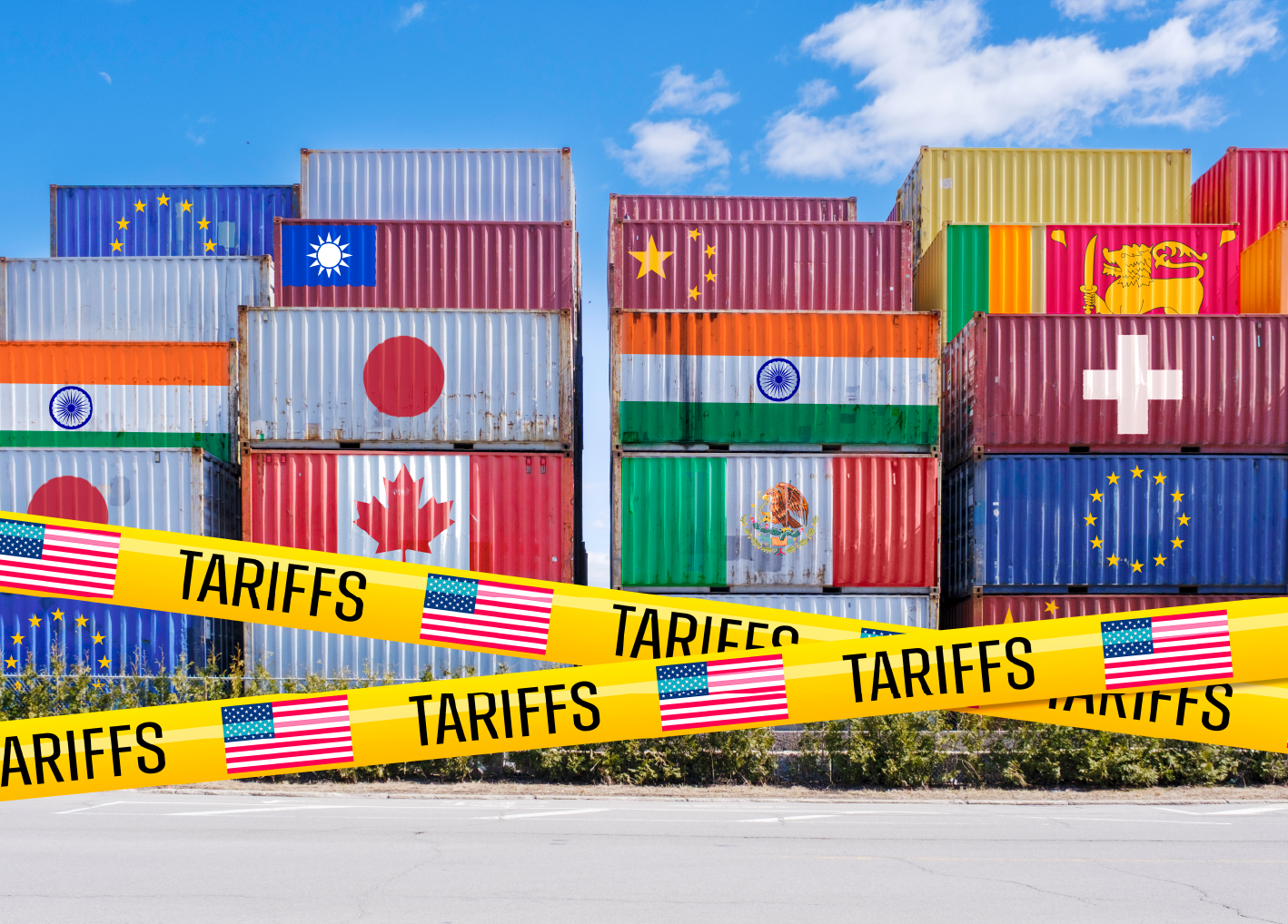 USA Tariffs, tape in front of containers