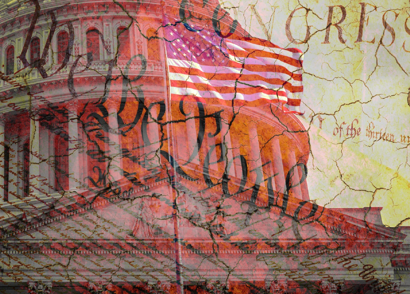 Overlay of Capitol building, U.S. flag and torn Constitution