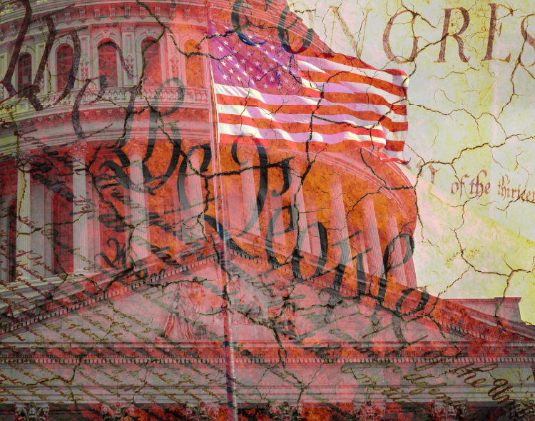 Overlay of Capitol building, U.S. flag and torn Constitution