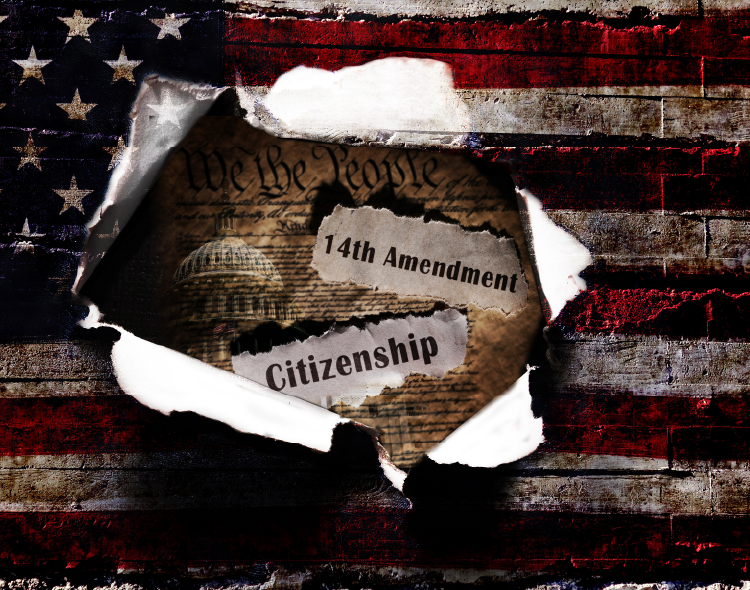 American flag and US Constitution 14th Amendment Citizenship