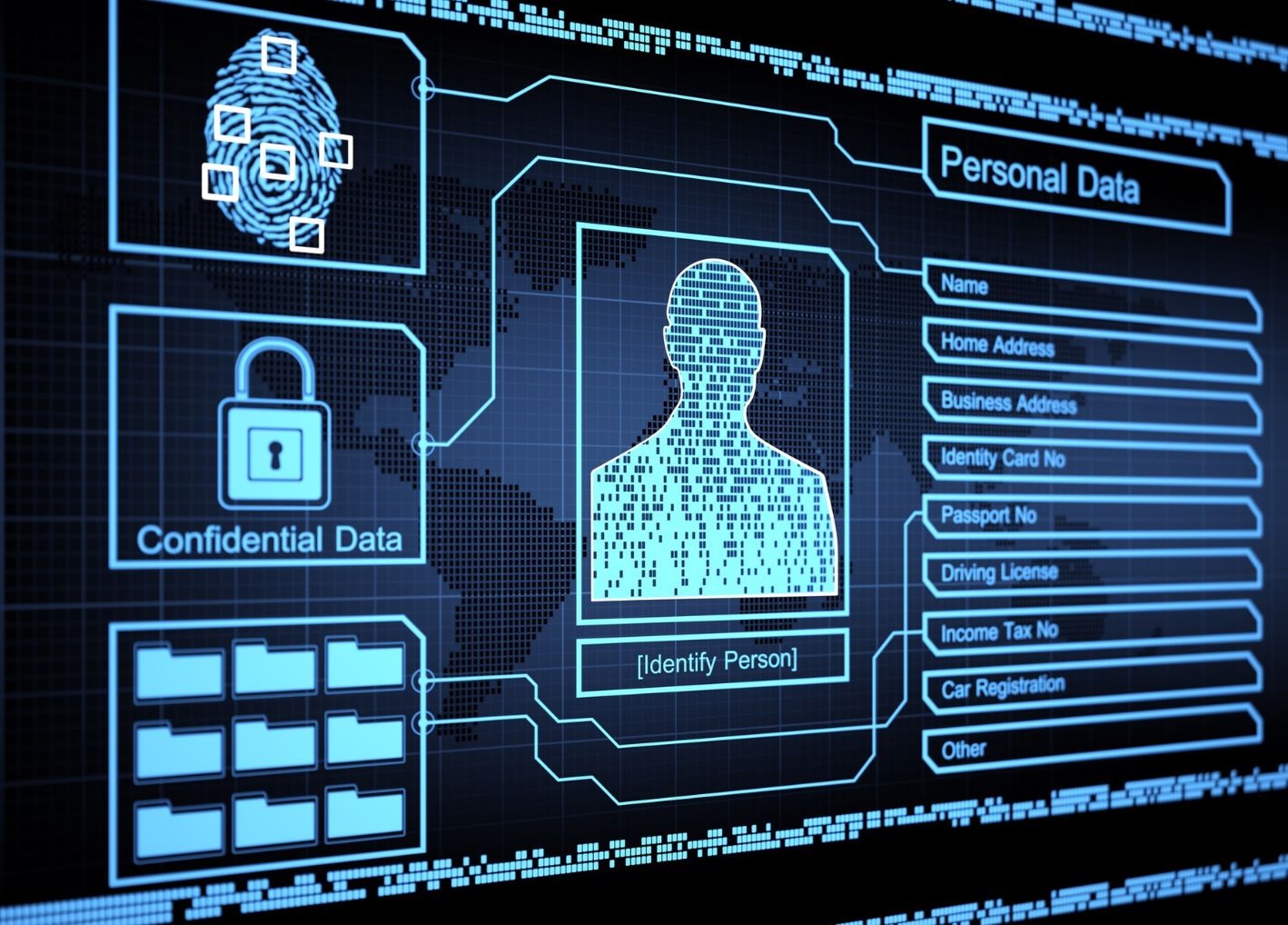 Biometric data - fingerprint, headshot outline, personal data