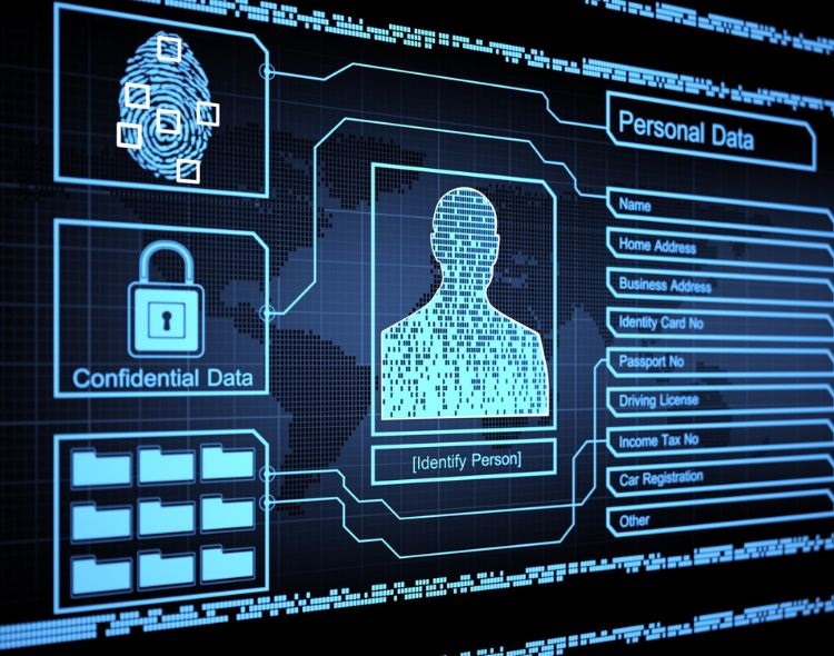 Biometric data - fingerprint, headshot outline, personal data
