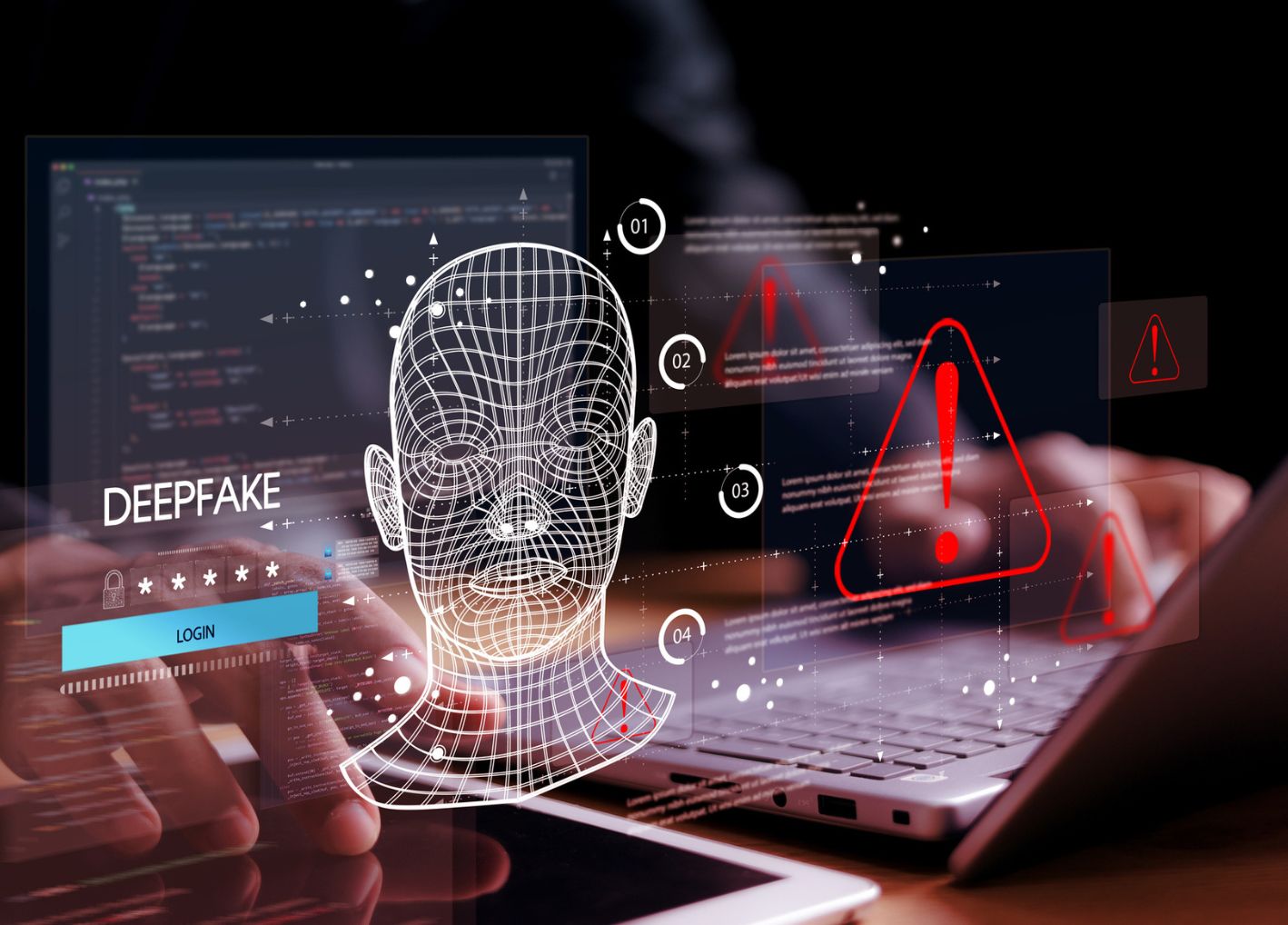 Digital rendering of a person's face and alert logo, deep fake