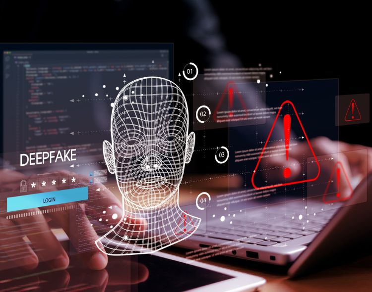 Digital rendering of a person's face and alert logo, deep fake