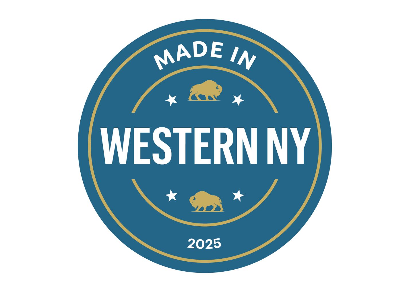Made in Western NY blue badge, gold buffalos, 2025