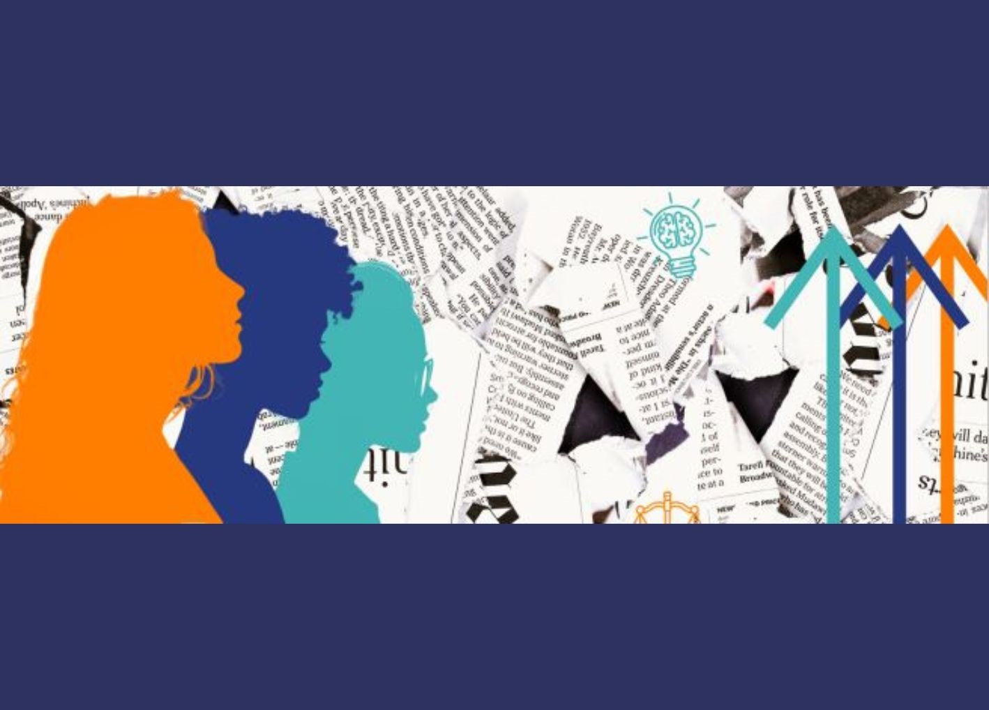 Orange, blue, teal silhouettes of women and up arrows on ripped newspaper background