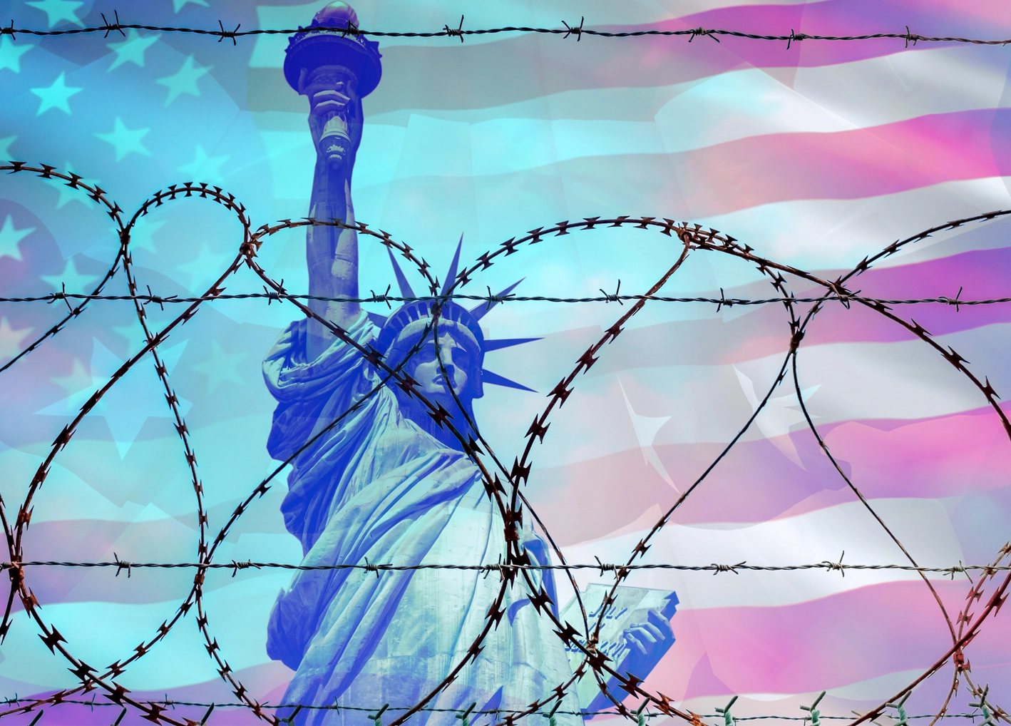 Statue of Liberty behind barbed wire to illustrate the US immigration travel ban