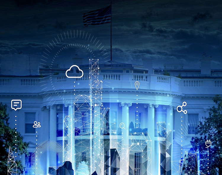 White House with artificial intelligence and digital icons.
