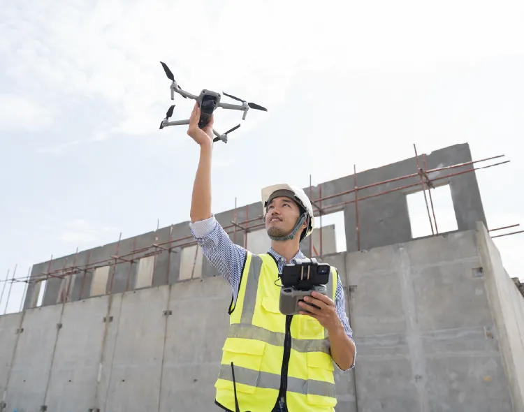 Construction engineer using drone supervising