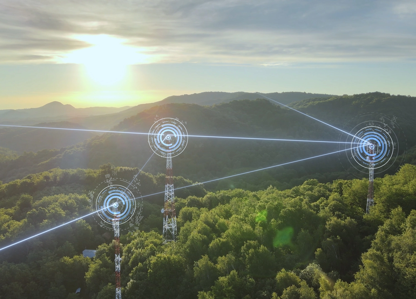 Telecommunications towers in a rural area.