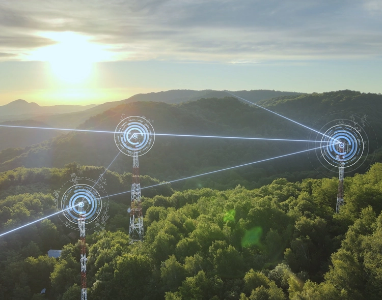 Telecommunications towers in a rural area.