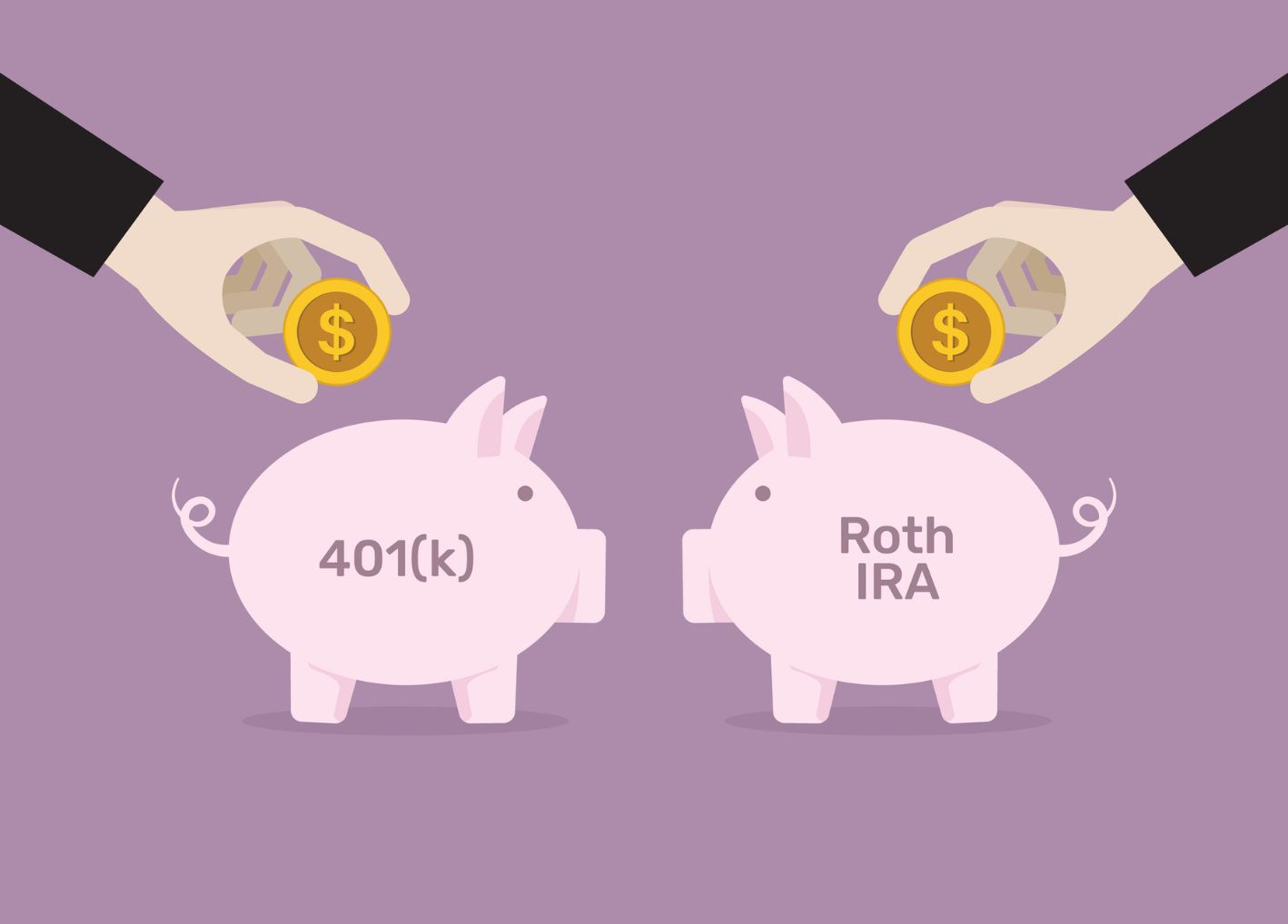 Two piggy bank icons one labeled 401(k) and the other Roth IRA with hands inserting coins into each