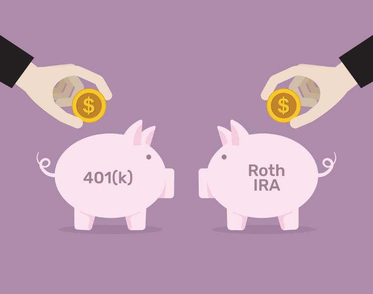 Two piggy bank icons one labeled 401(k) and the other Roth IRA with hands inserting coins into each