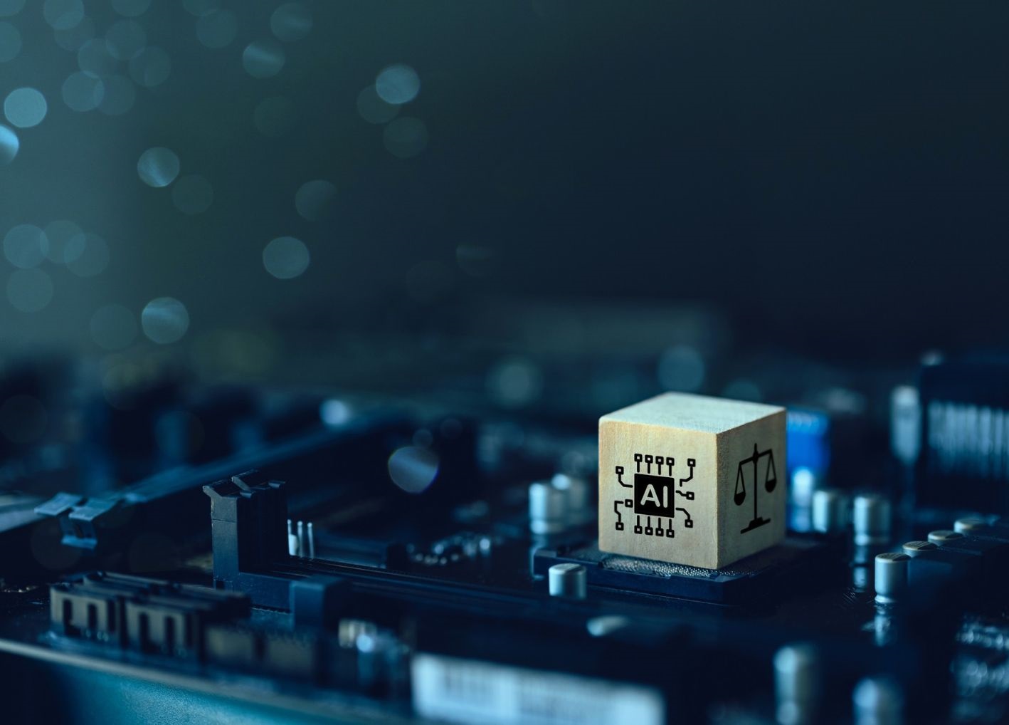 AI and scales of justice wooden block