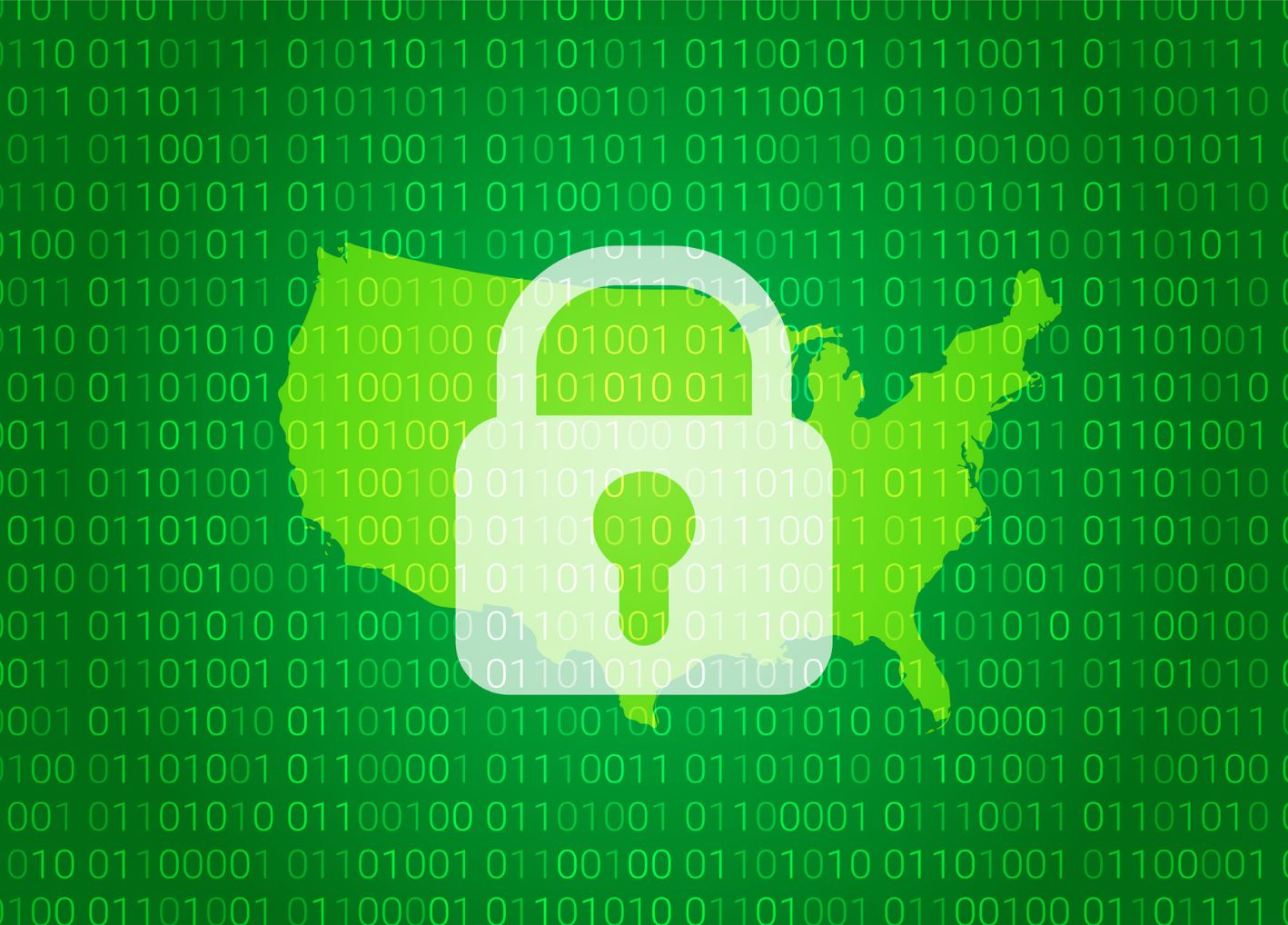 Green outline of United States with security lock overlay and data encryption numbers across the background