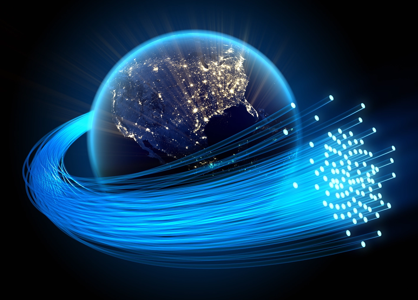 US map on globe with fiber optic internet cable.