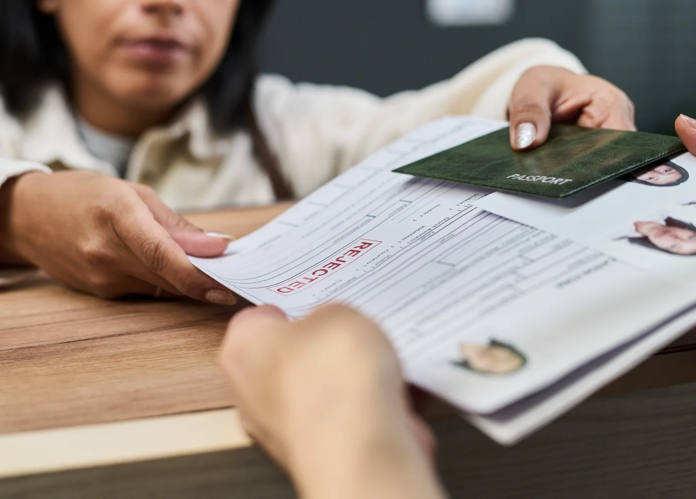 Young Adult Woman Submitting Rejected Visa Application at Visa Center
