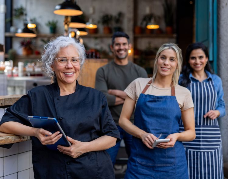 Four workers standing at a counter looking at the camera